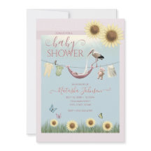 Zonnebloem Ooievaar Meisje Baby Shower Uitnodiging
