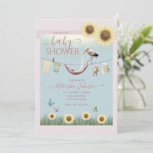 Zonnebloem Ooievaar Meisje Baby Shower Uitnodiging