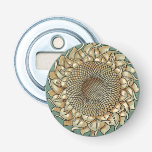 Zonnebloem op Blauw-groene achtergrond Button Flesopener