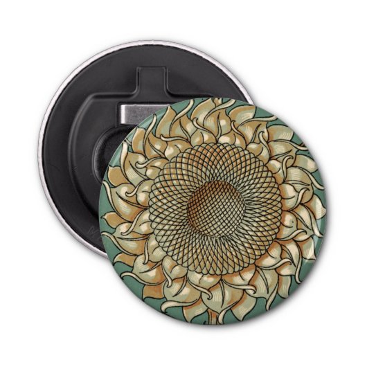 Zonnebloem op Blauw-groene achtergrond Button Flesopener (Voorkant)