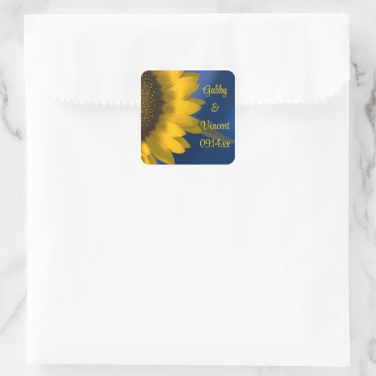 Zonnebloem op blauwe bruiloft vierkante sticker (Tas)