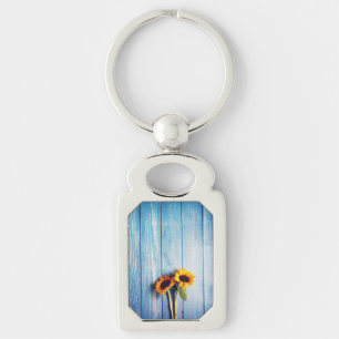 Zonnebloem op Blue Wood Wall Sleutelhanger