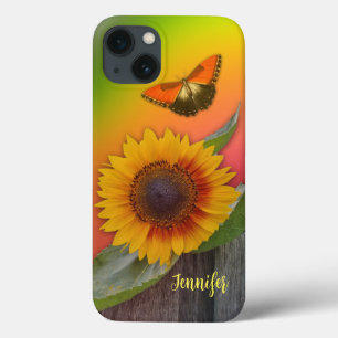 Zonnebloem op een kleurrijke achtergrond en op een iPhone 13 hoesje