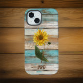 Zonnebloem op Faux Green Verweerde Houten Initiale iPhone 15 Hoesje