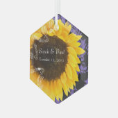 Zonnebloem op Paarse Damask Bruiloft Kerstmis Glas Ornament (Voorkant links)