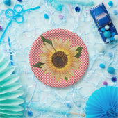 Zonnebloem op rood en wit plaid papieren bordje (Feest)