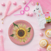 Zonnebloem op rood en wit plaid papieren bordje (Feest)