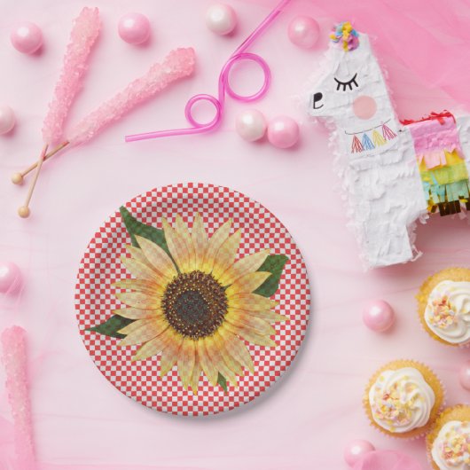 Zonnebloem op rood en wit plaid papieren bordje (Feest)
