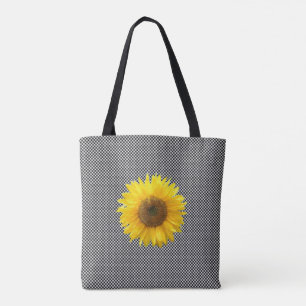 Zonnebloem op zwarte en witte schaakpatroon canvas draagtas