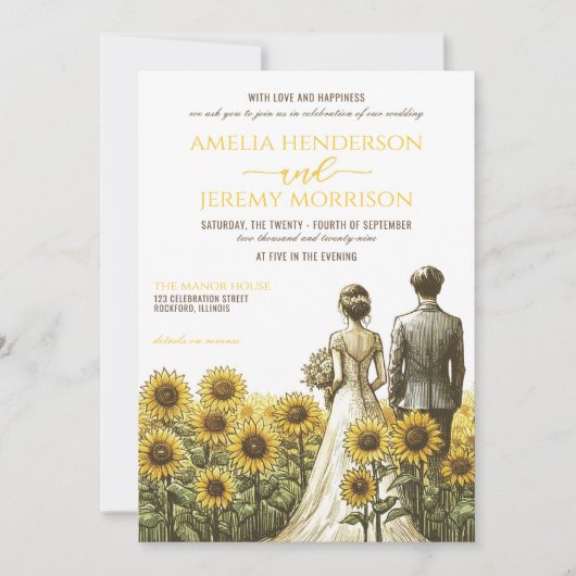 Zonnebloem paar bruiloft uitnodiging met details (Voorkant)