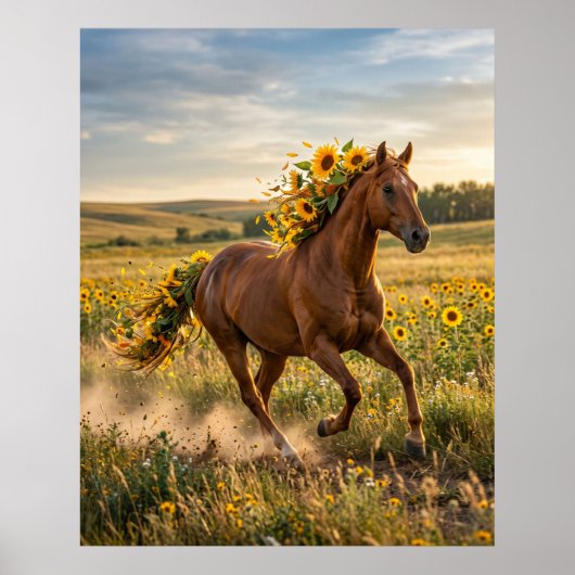 Zonnebloem Paard Prairie Run Poster (Voorkant)