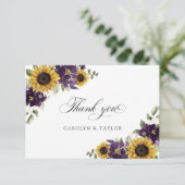 Zonnebloem Paars Violet Floral Rustic Wedding Bedankkaart (Staand voorkant)