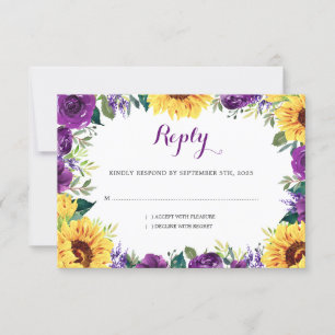 Zonnebloem Paarse Bloemen Border Wedding RSVP Kaartje
