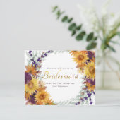 Zonnebloem paarse bloemengouden script bruidsmeisj kaart (Staand voorkant)