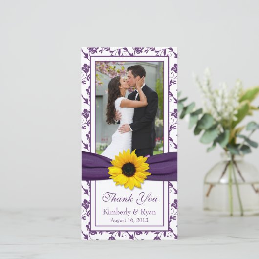 Zonnebloem Paarse bloemlint bruiloft dank u Bedankkaart (Staand voorkant)