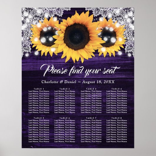 Zonnebloem Paarse Houten Trouw Stoelenkaart 8 Poster (Voorkant)