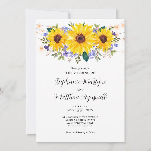 Zonnebloem Paarse Wildbloemen Botanische bruiloft Kaart (Voorkant)