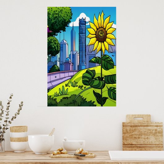 Zonnebloem, park en stad | AI Art Poster (Keuken)