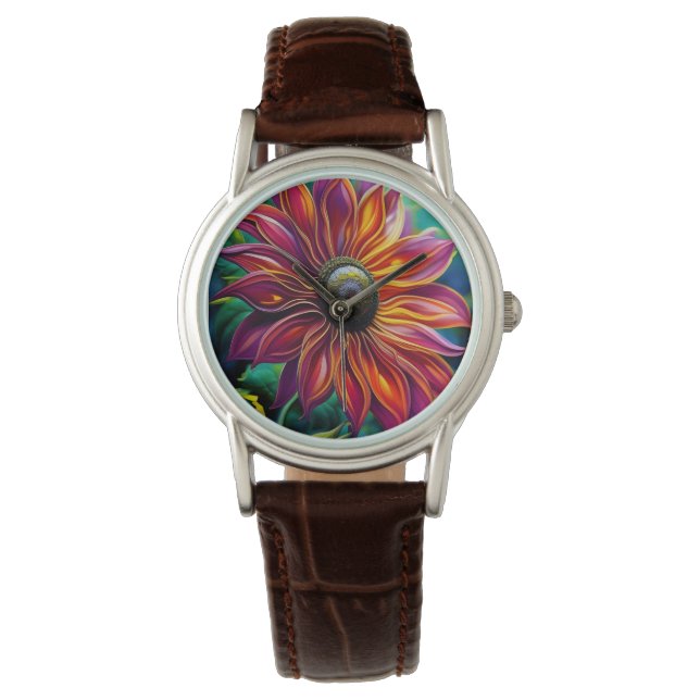 Zonnebloem, rode en goudfiligree horloge (Voorkant)