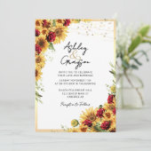 Zonnebloem rode rozen bruiloft kaart (Staand voorkant)