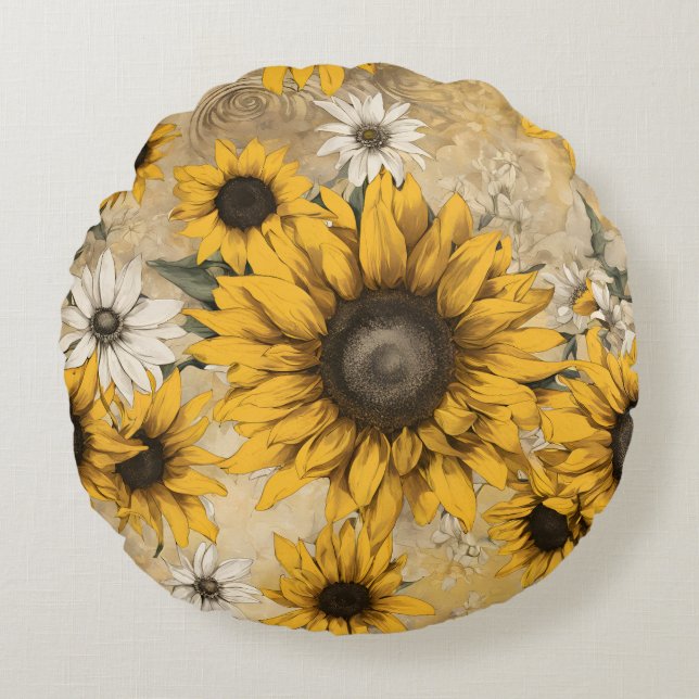 Zonnebloem Rond Kussen (Voorkant)