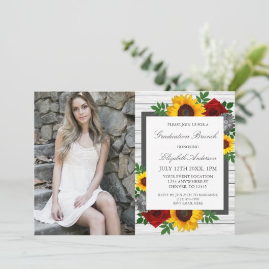 Zonnebloem Roos Bloemen Afstuderen Brunch Kaart (Staand voorkant)