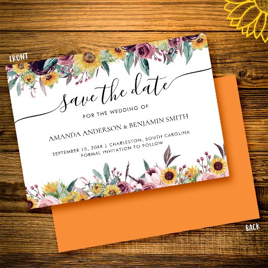 Zonnebloem Roos Burgundy Rustic Herfst Floral Wedd Save The Date