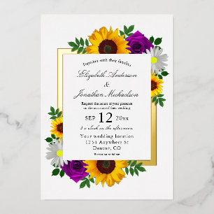 Zonnebloem Roos Daisy Autumn Floral Wedding Folie Uitnodiging