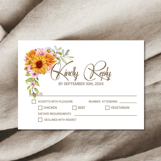 Zonnebloem Roos Floral Wedding RSVP Kaartje