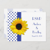 Zonnebloem Royal Blauw Wit Polka Dot Bruiloft RSVP Uitnodiging Briefkaart (Voorkant / Achterkant)