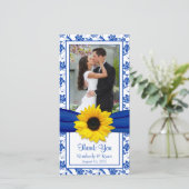 Zonnebloem Royal Blue Floral bruiloft dank u Bedankkaart (Staand voorkant)