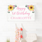 Zonnebloem Roze Bloemen Gepersonaliseerde 1e Verja Spandoek (Insitu)