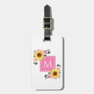 Zonnebloem Roze botanische Waterverf, monogrammen Bagagelabel