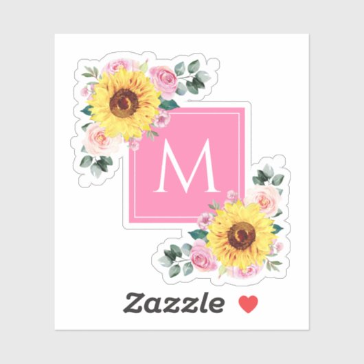 Zonnebloem Roze botanische Waterverf, monogrammen Sticker (Vel)