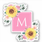 Zonnebloem Roze botanische Waterverf, monogrammen Sticker (Voorkant)