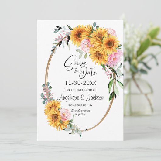 Zonnebloem Roze Ovale bruiloft Save The Date (Staand voorkant)