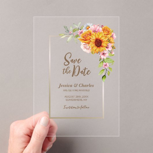 Zonnebloem Roze Rose Bloemen Huwelijk Save the Dat Acryl Uitnodigingen (Insitu (Draagbaar))