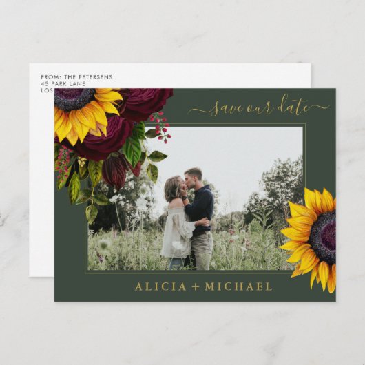 Zonnebloem rozen, bijtend script, op datum bruilof aankondigingskaart (Voorkant / Achterkant)
