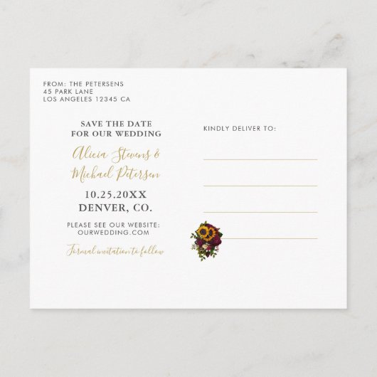 Zonnebloem rozen, bijtend script, op datum bruilof aankondigingskaart (Achterkant)