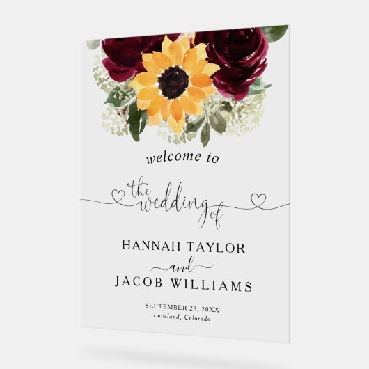 Zonnebloem Rozen bruiloft welkom Acryl Bord (Hoek)