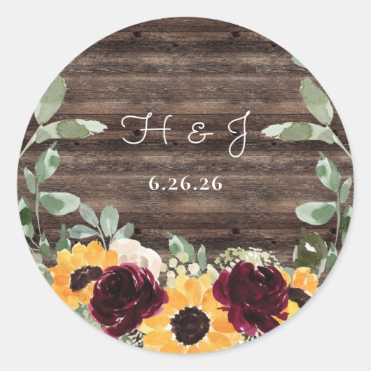 Zonnebloem Rozen Schuur Houten Bruiloft Envelop Se Ronde Sticker (Voorkant)
