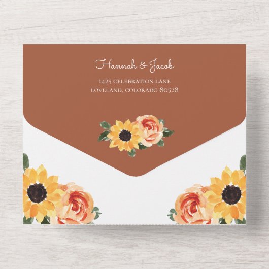 Zonnebloem Rozen Valle bruiloft All In One Uitnodiging (Achterkant)