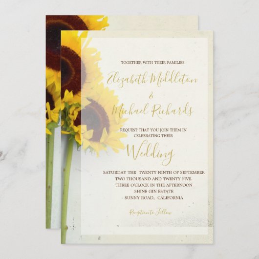 Zonnebloem Rustic Modern Typography Wedding Kaart (Voorkant / Achterkant)