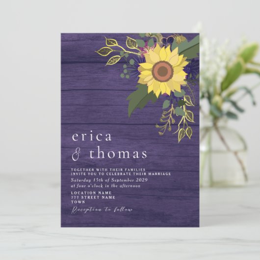 Zonnebloem Rustic Paars bruiloft Kaart (Staand voorkant)