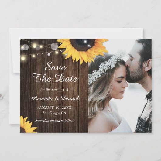 Zonnebloem Rustic Wood String Lights Weddenfoto Save The Date (Voorkant)