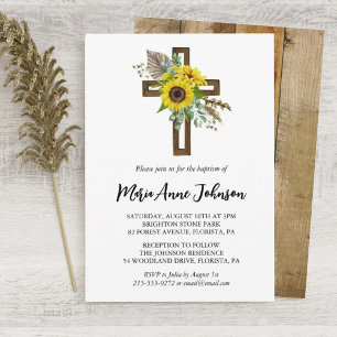 Zonnebloem Rustiek Boho Houten Kruis Doop Kaart