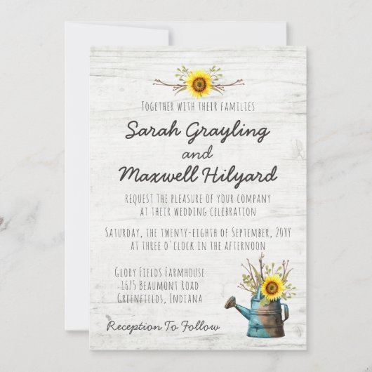 Zonnebloem & Rustiek Hout Boerderij bruiloft uitno Kaart (Voorkant)