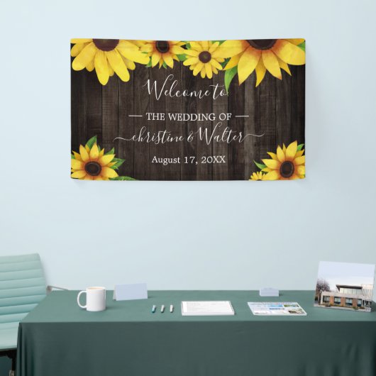 Zonnebloem Rustiek Hout String Lights Trouwfeest Spandoek (Beurs)