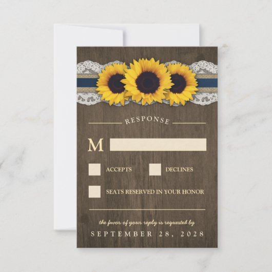 Zonnebloem Rustieke Blauwe Burlap Bruiloft RSVP Ka Kaartje (Voorkant)