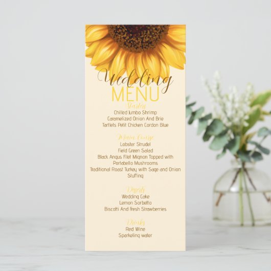 Zonnebloem rustieke bruiloft platte menu (Staand voorkant)